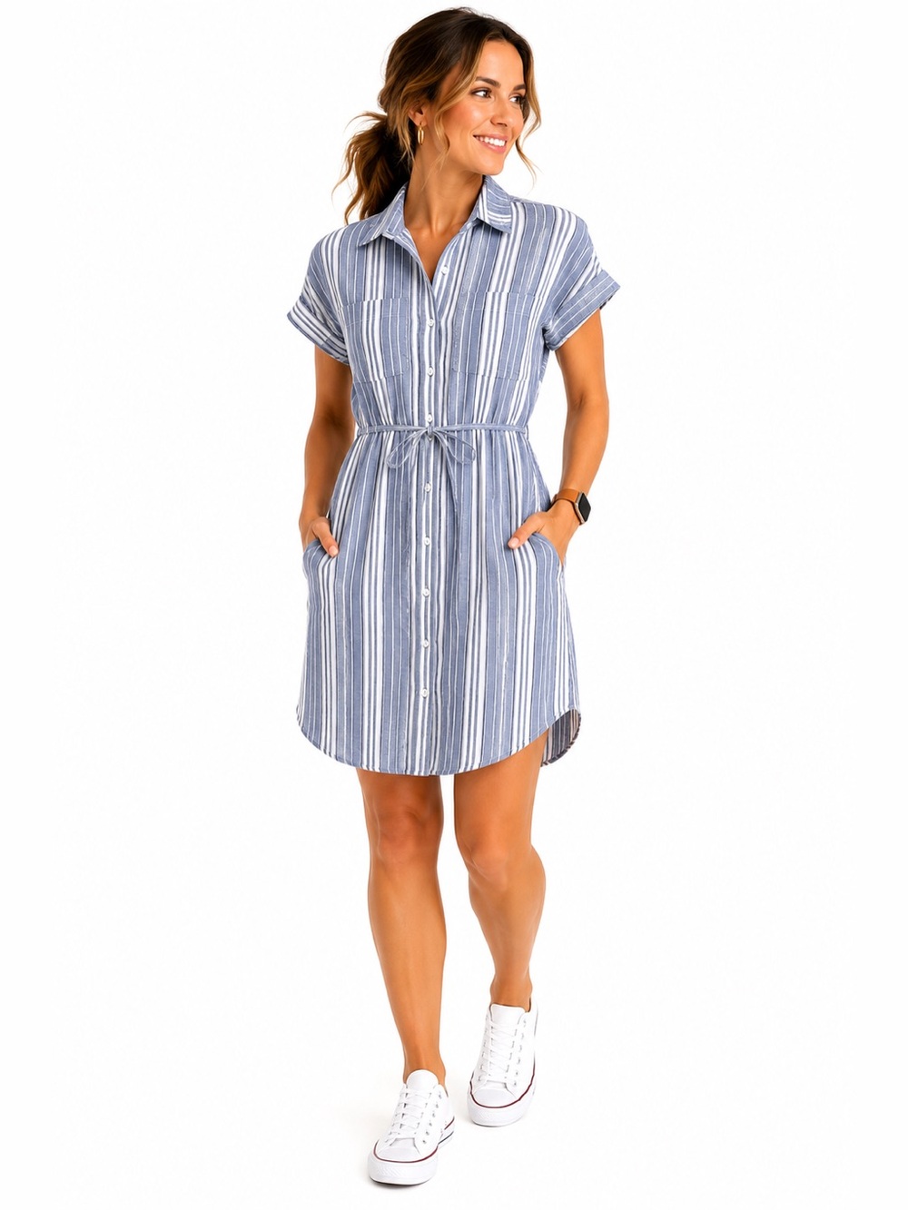 Casual Stripe Tie-Waist Shirt Dress with Pockets